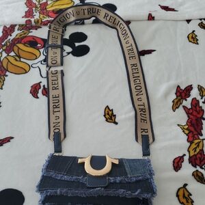 True Religion Denim Crossbody Bag with Tan Strap